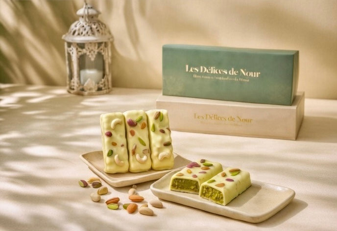 Velours de pistache enrobé de sont chocolat blanc d’expection